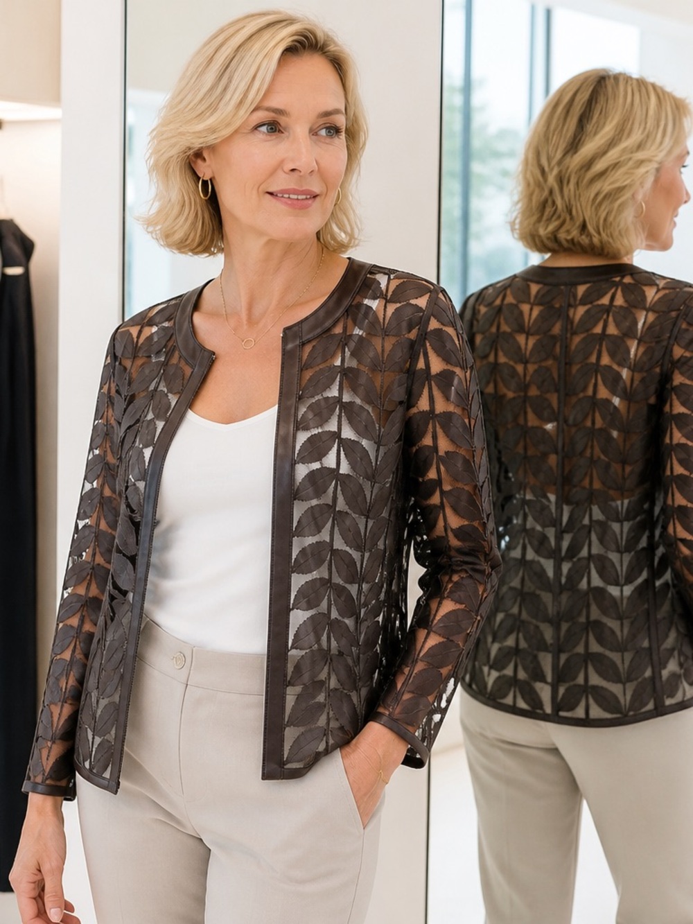 bagatelle Women’s Brown Soft Sheer Leaf-Pattern Faux Leather Summer Jacket